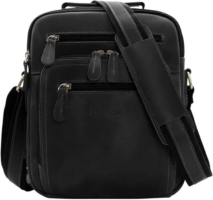 Black Genuine Leather Messenger Bag for Men by Jack & Chris